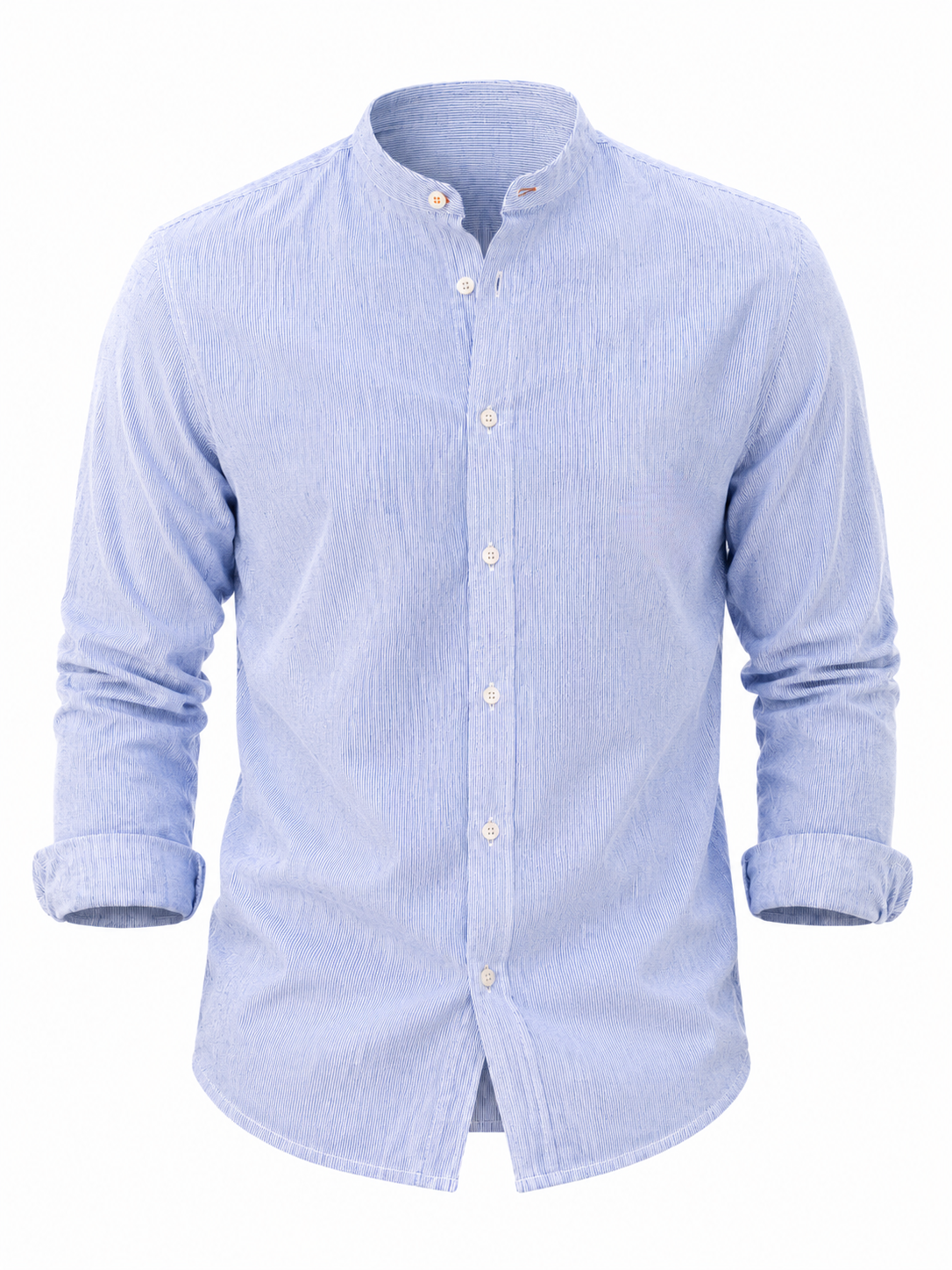 Camisa hombre manga larga cuello mao rayas celeste