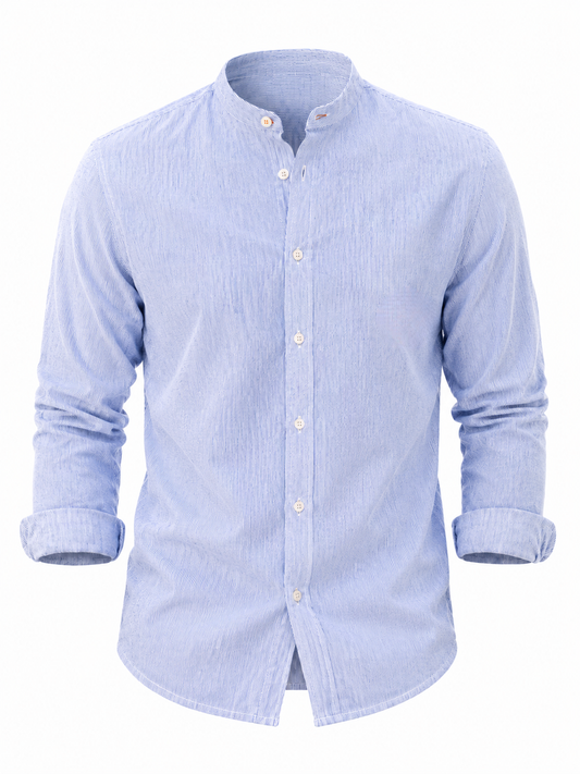 Camisa hombre manga larga cuello mao rayas celeste