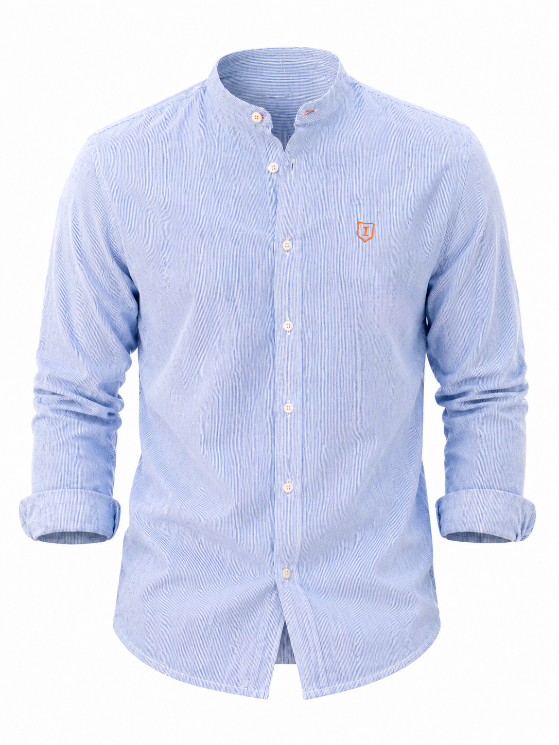 Camisa hombre manga larga cuello mao rayas celeste