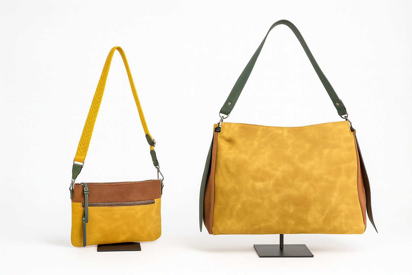 Bolso bandolera mostaza y marrón con cremallera y correa mostaza