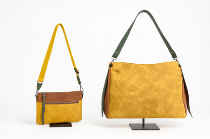 Bolso bandolera mostaza y marrón con cremallera y correa mostaza