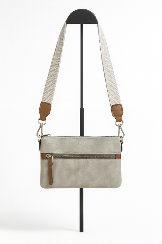 Bolso bandolera con cremallera y correa ancha gris
