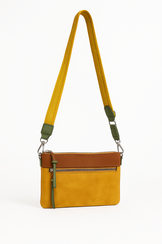 Bolso bandolera con cremallera y correa ancha mostaza
