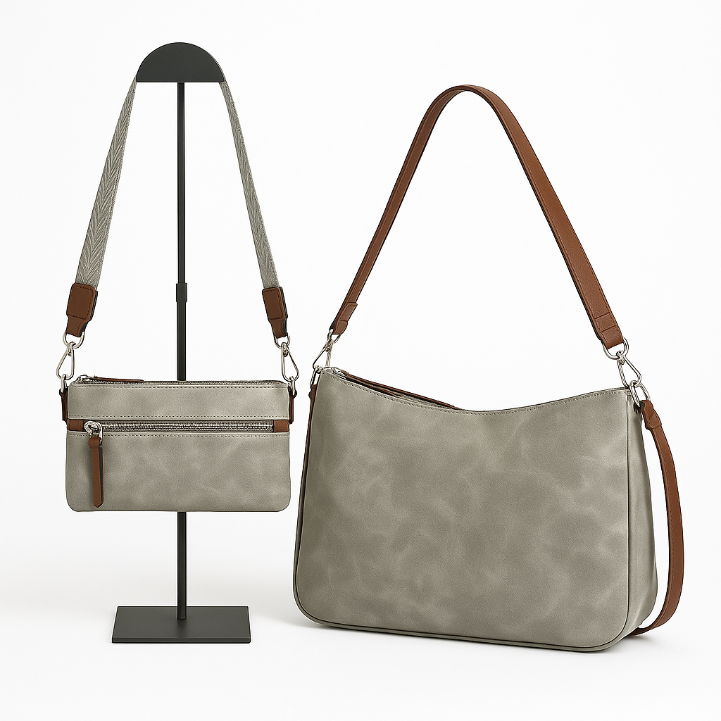 Bolso Bandolera Gris con Cremallera y Correa Ancha de Tela