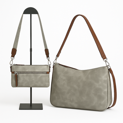 Bolso Bandolera Gris con Cremallera y Correa Ancha de Tela