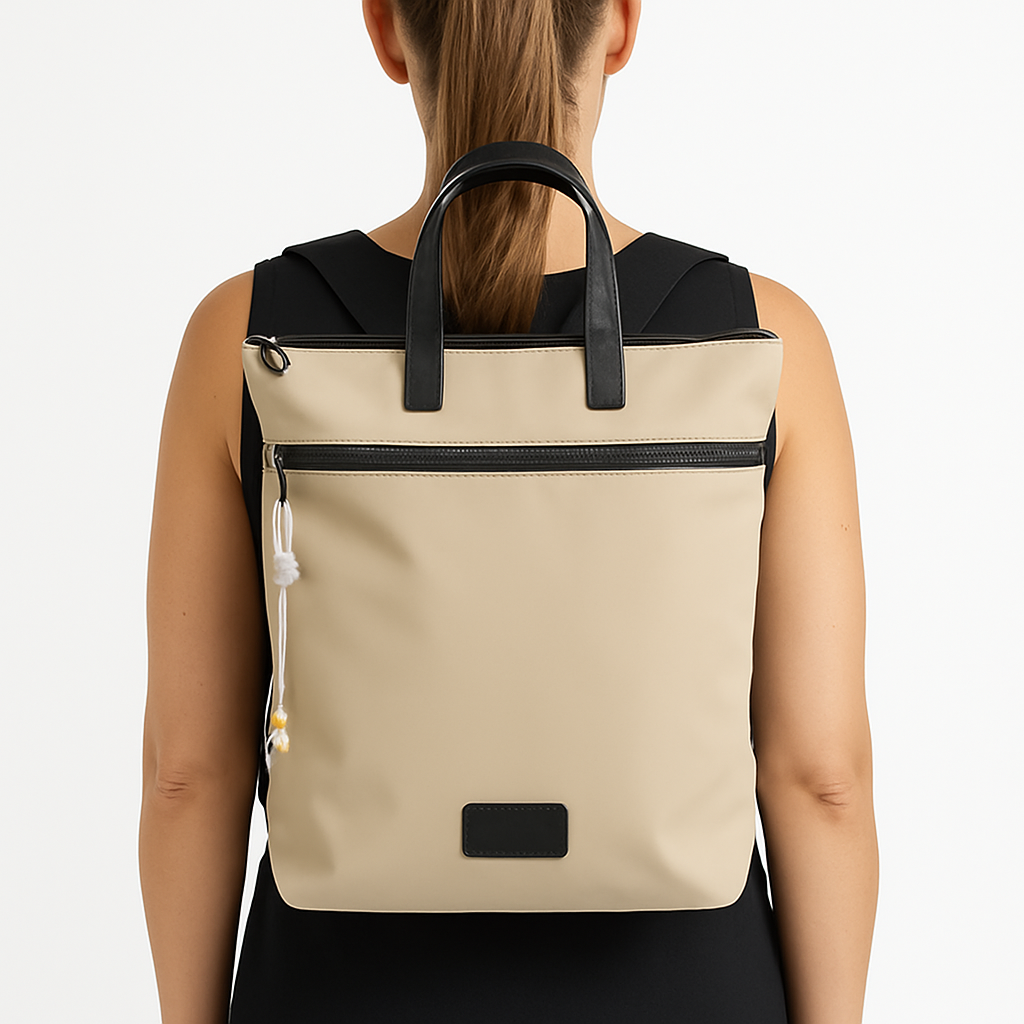 Mochila beige con cremallera frontal y asas negras