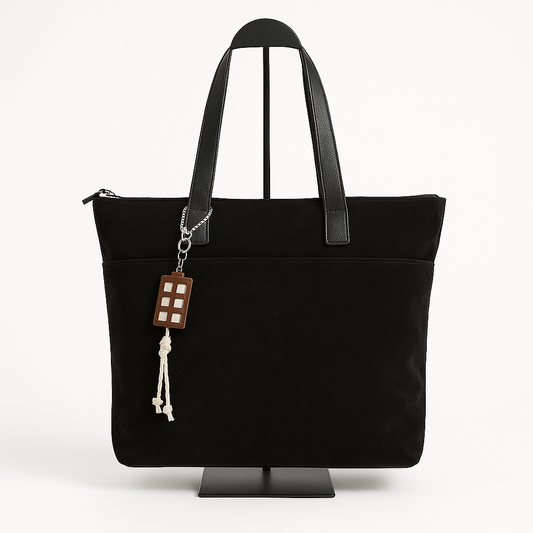 Bolso Shopper Negro Pequeño con Asas Negras y Llavero Decorativo