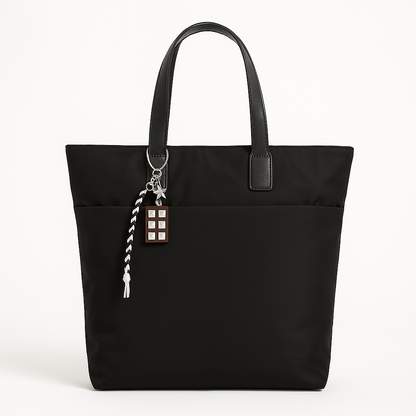 Bolso Shopper Negro Grande con Asas Negras y Llavero Decorativo