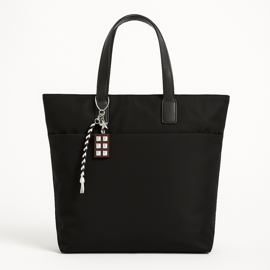 Bolso Shopper Negro Grande con Asas Negras y Llavero Decorativo