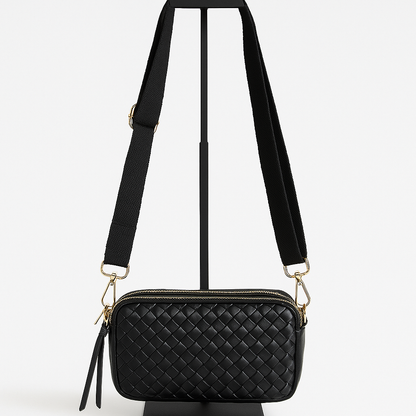 Bolso bandolera negro acolchado con efecto trenzado y cremallera dorada