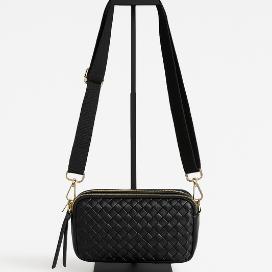 Bolso bandolera negro acolchado con efecto trenzado y cremallera dorada