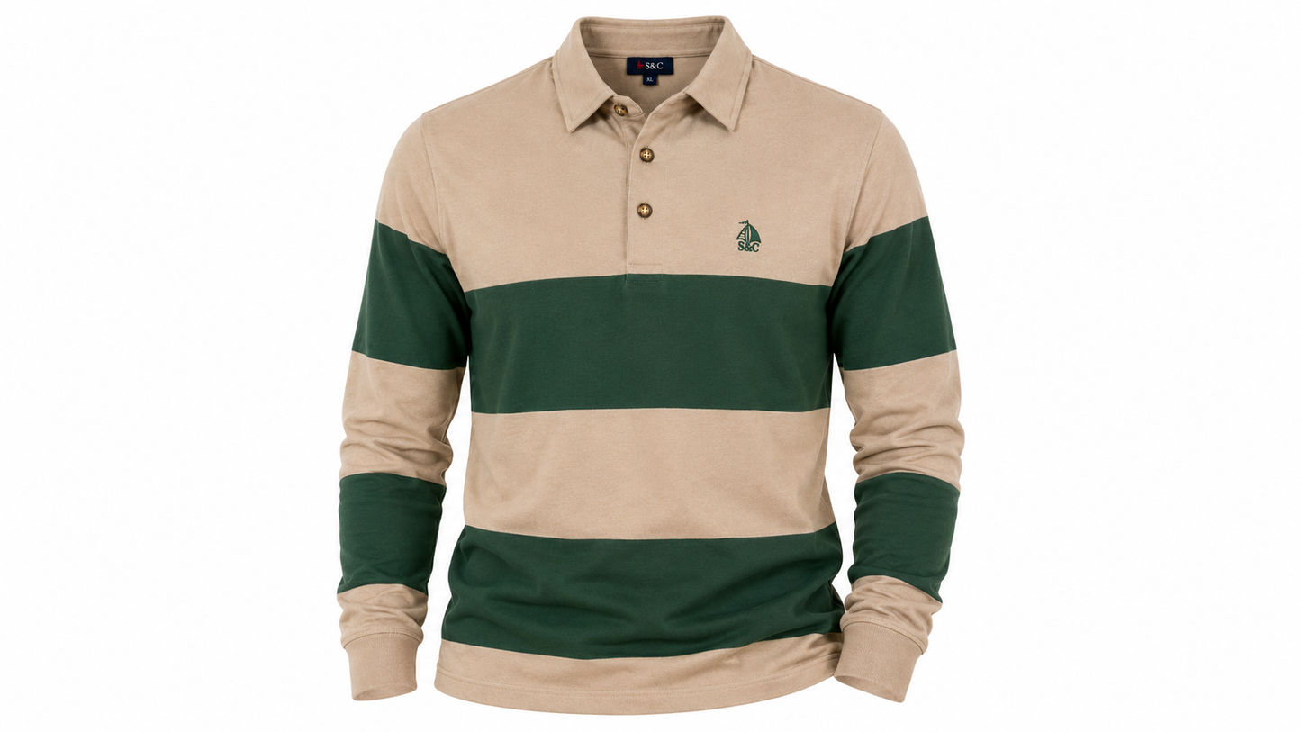 Polo Oporto manga larga rayas beige y verde