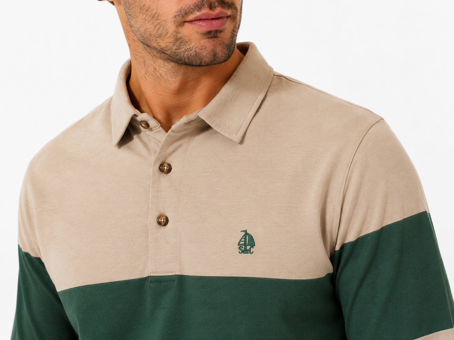 Polo Oporto manga larga rayas beige y verde