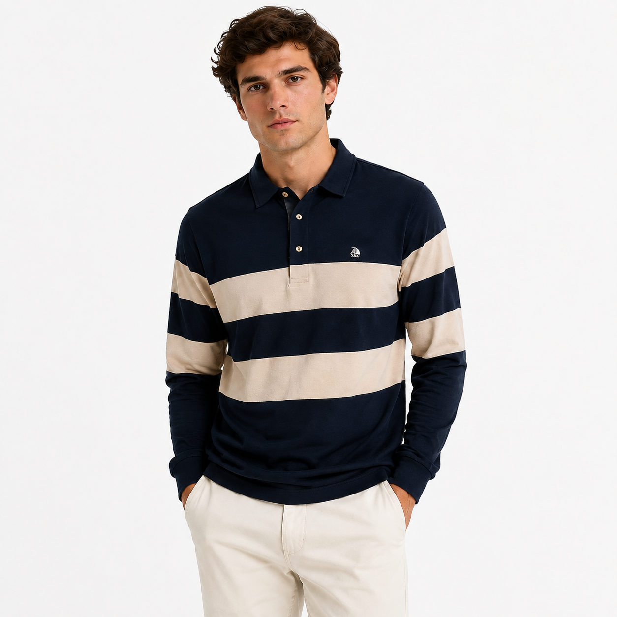 Polo Oporto manga larga rayas marino y beige