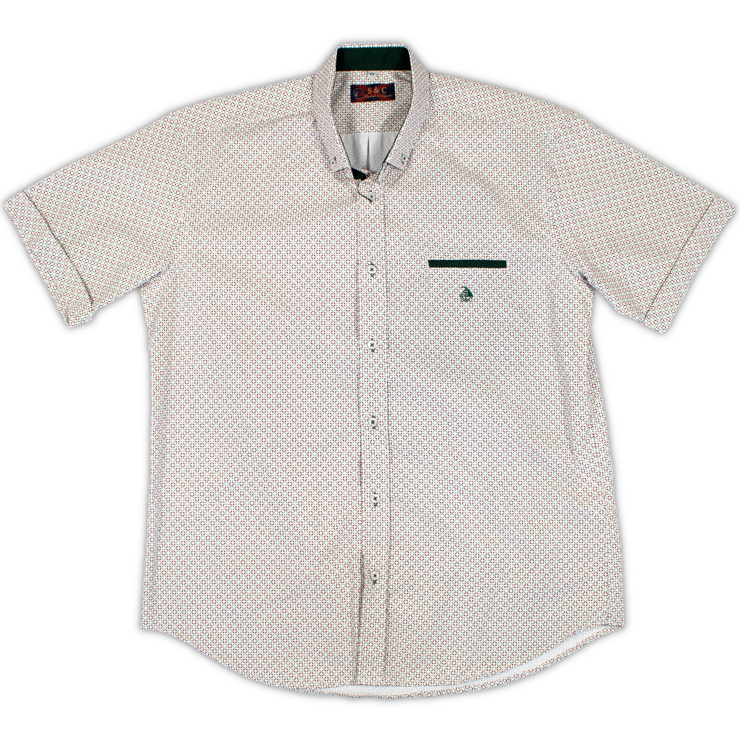 Conjunto camisa estampado verde y lila con bermuda marino