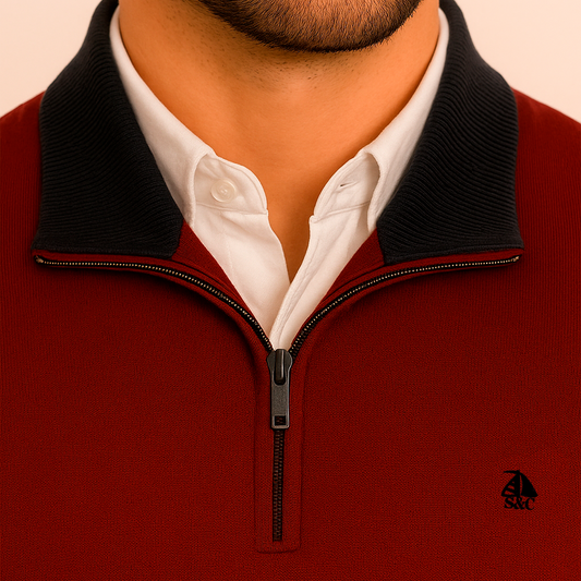 Jersey de hombre media cremallera granate con contraste