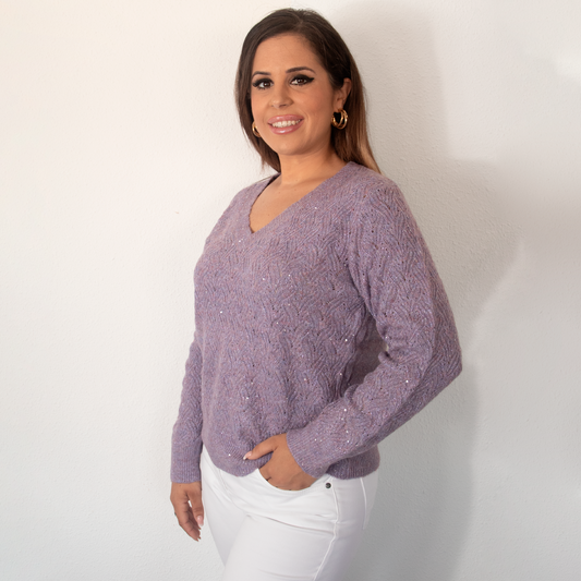 Conjunto Mujer Jersey Cuello Pico Brillo y Pantalón