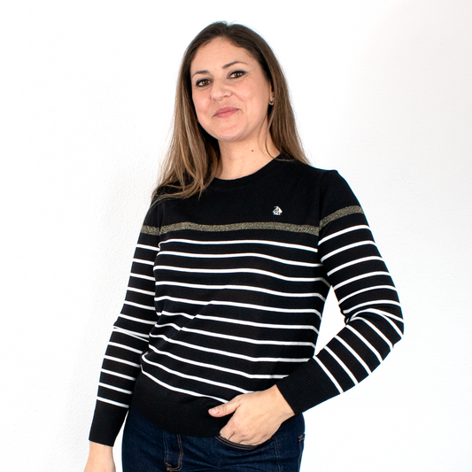 Jersey hilo frio negro rayas blancas detalle dorado