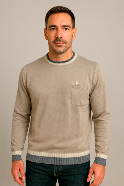 Jersey cuello redondo Beige con detalles de rayas