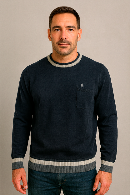 Jersey cuello redondo Marino con detalles de rayas
