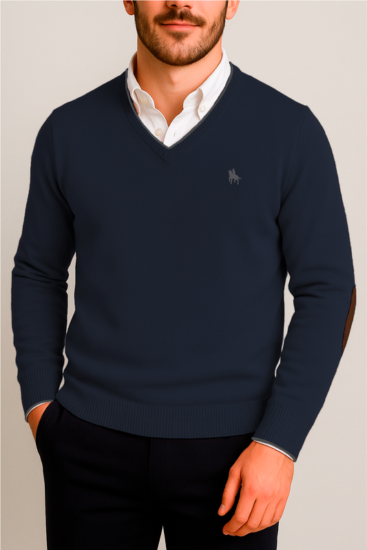 Jersey Hombre Cuello Pico Marino con Coderas