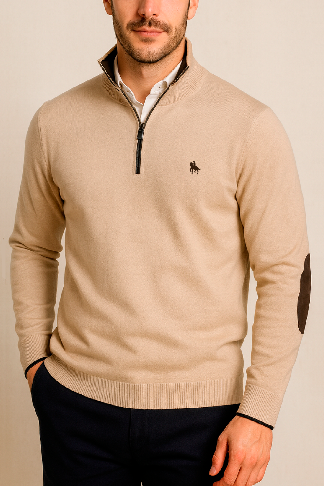 Jersey Hombre Beige Media Cremallera y Coderas