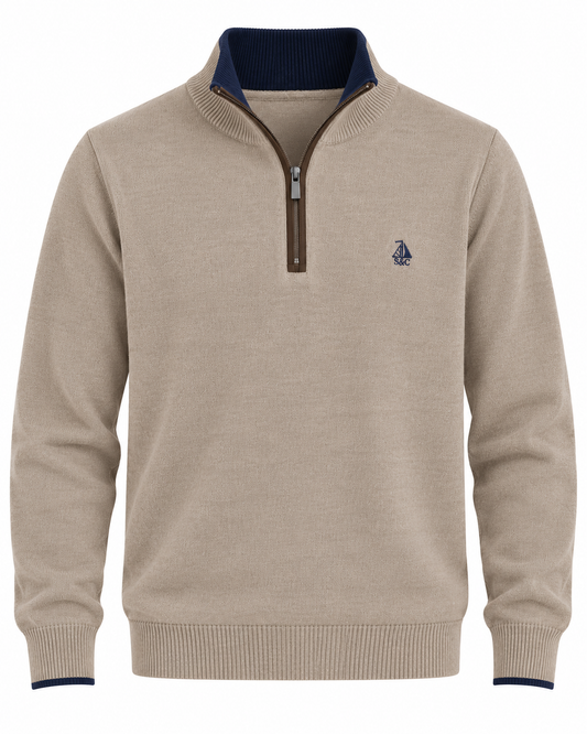 Jersey de hombre media cremallera beige con contraste