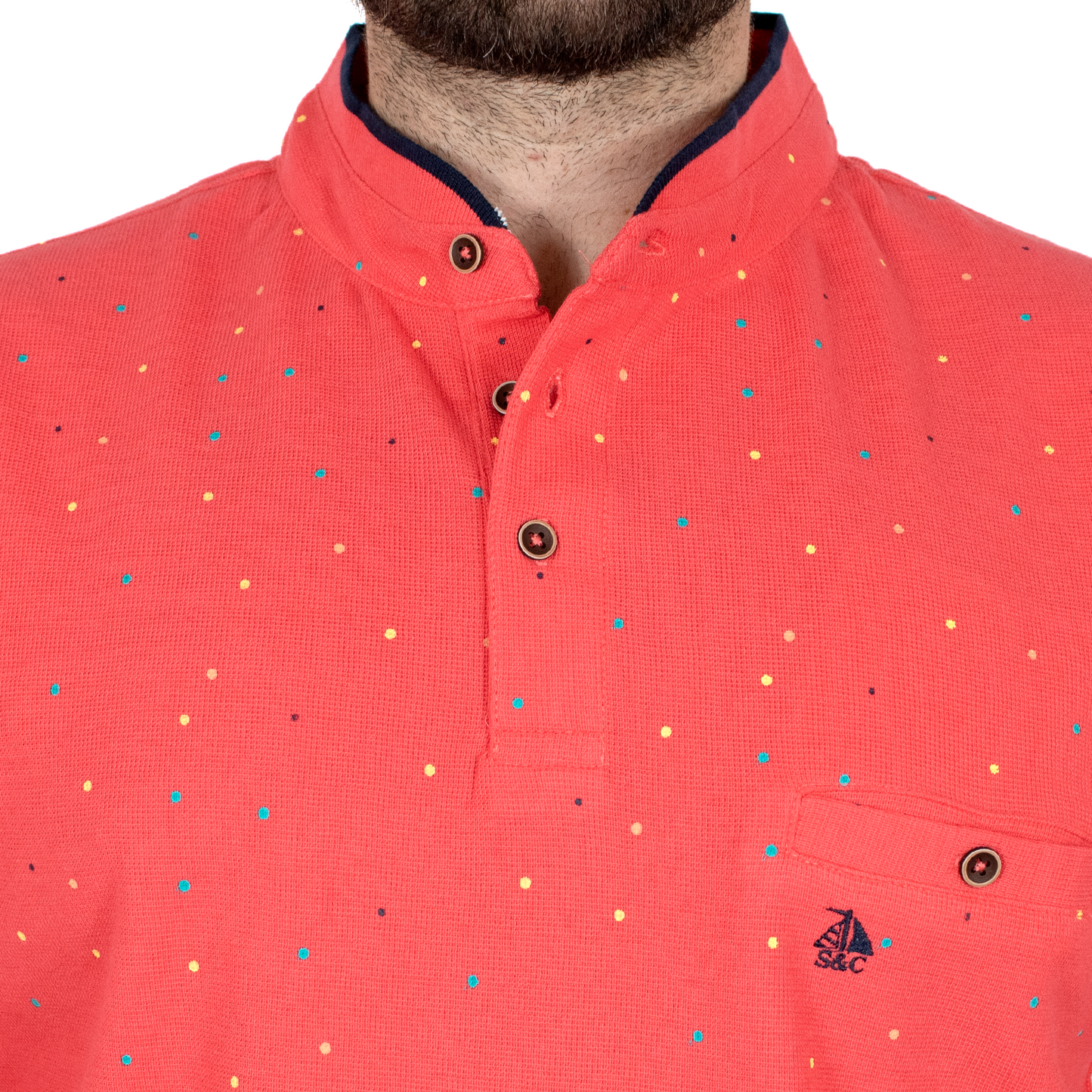 Polo hombre manga corta cuello mao Coral con puntitos