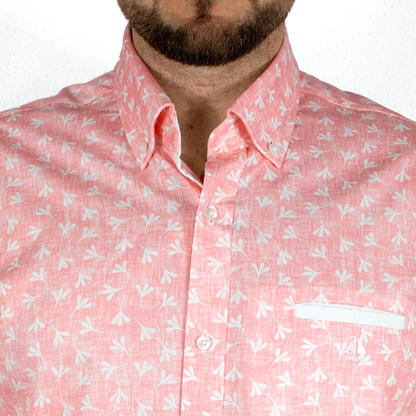Camisa Hombre Manga Larga Rosa Flores Blancas