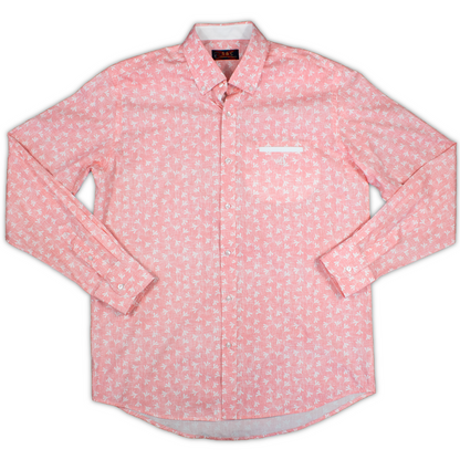 Camisa Hombre Manga Larga Rosa Flores Blancas