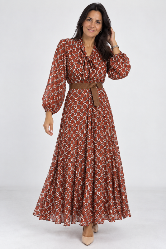 Vestido lazada cuello camel