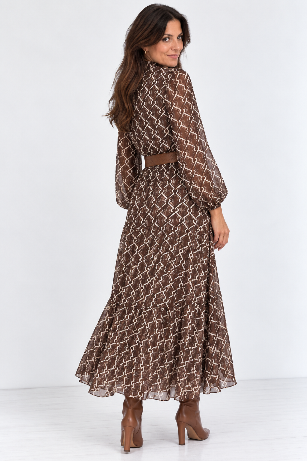 Vestido lazada cuello marrón