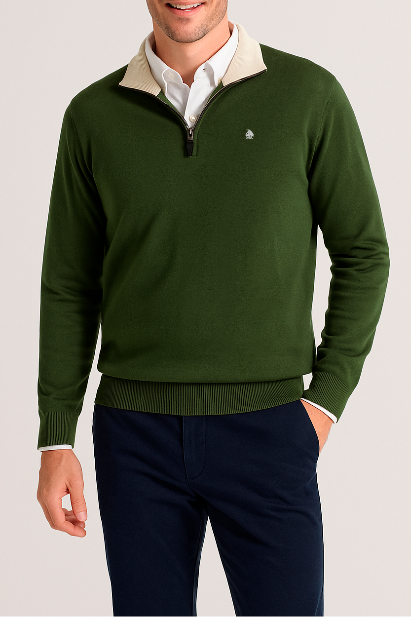 Jersey de hombre media cremallera kaki con contraste