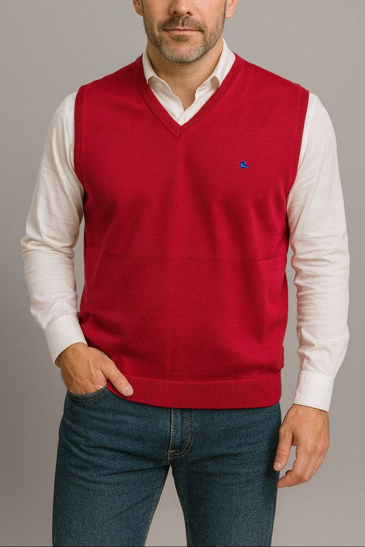 Chaleco de punto para hombre con cuello pico rojo