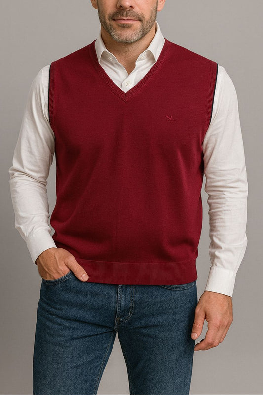 Chaleco de punto para hombre con cuello pico granate