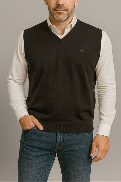 Chaleco de punto para hombre con cuello pico gris
