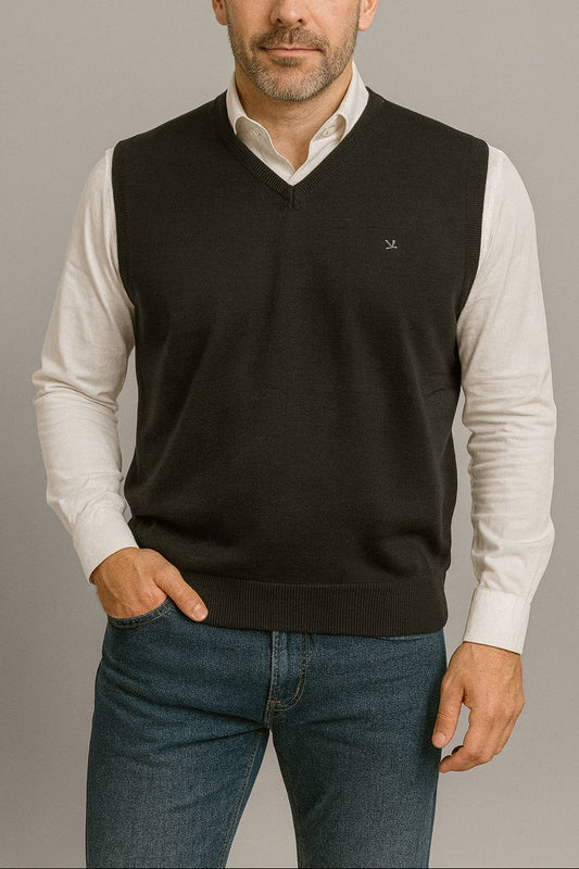 Chaleco de punto para hombre con cuello pico gris