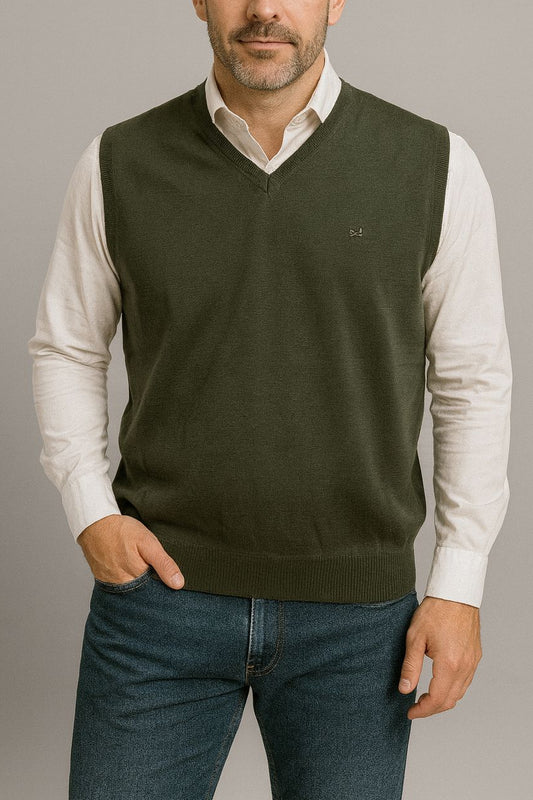 Chaleco de punto para hombre con cuello pico kaki