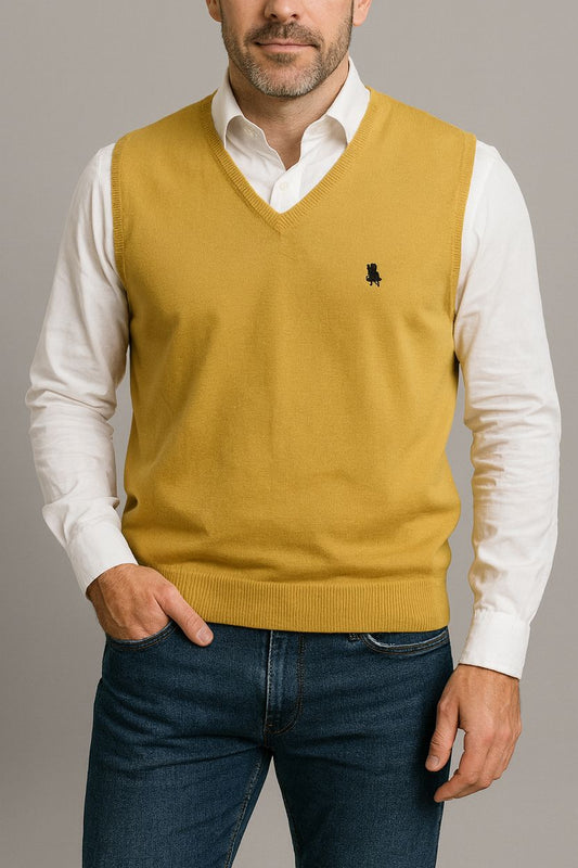Chaleco de punto para hombre con cuello pico mostaza