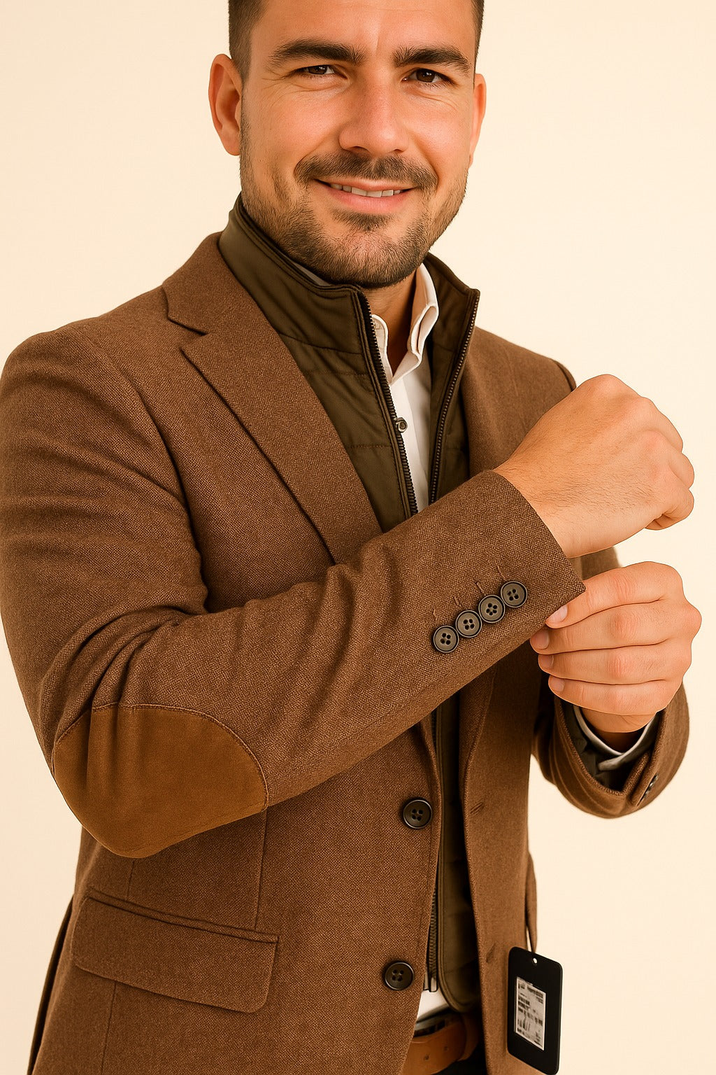 Americana jaspeada con coderas y detalle de chaleco marrón