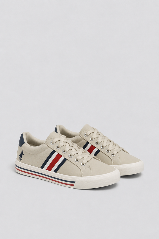 Zapatilla ligera gris con azul y rojo