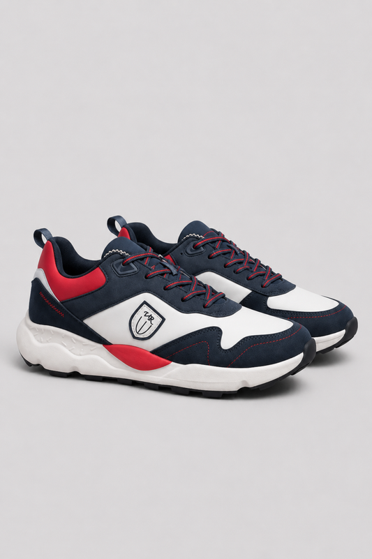 Zapatillas deportivas suela gruesa hombre marino, blanco y rojo
