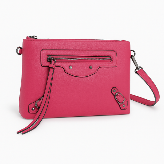 Bolso de mano rosa con cremallera frontal y detalles metálicos