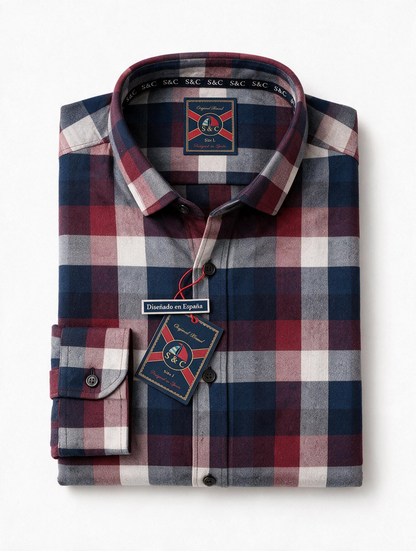 Camisa hombre manga larga CC cuadros granates y azules