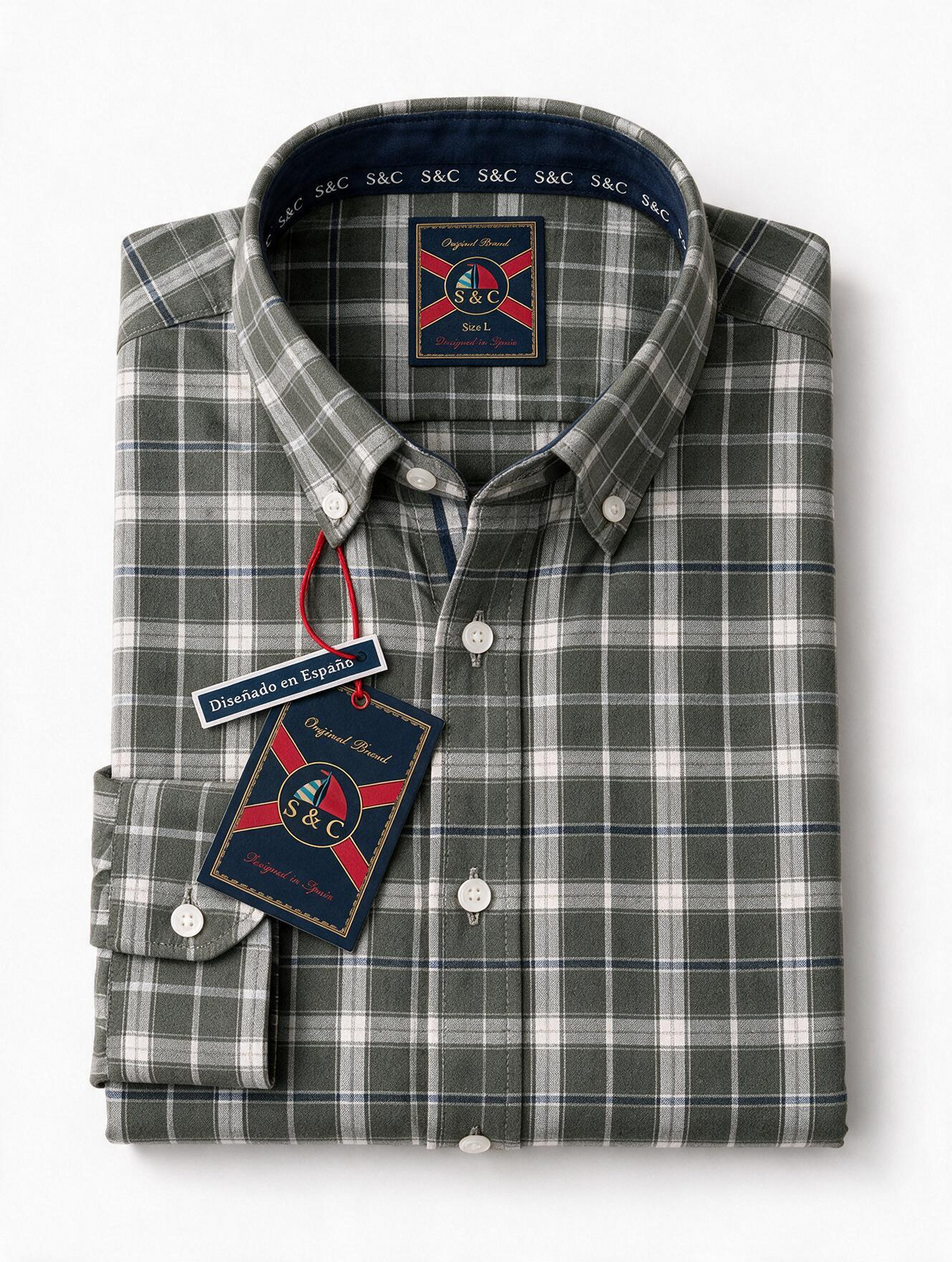 Camisa hombre manga larga CC cuadros verde y beige